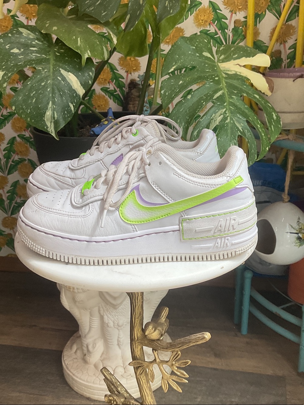Nike AF1 White Sneakers with Neon Green & Lavender Swoosh